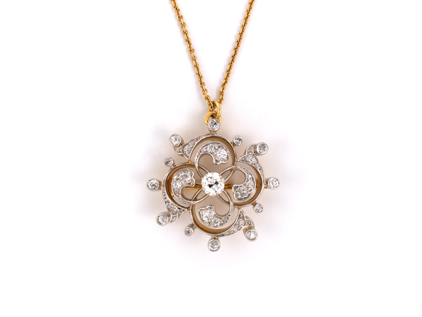 21679 - Edwardian T B Starr Platinum Gold Diamond Scroll Pin Pendant