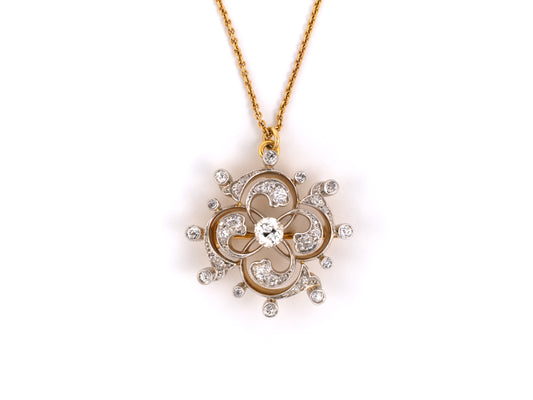 21679 - Edwardian T B Starr Platinum Gold Diamond Scroll Pin Pendant