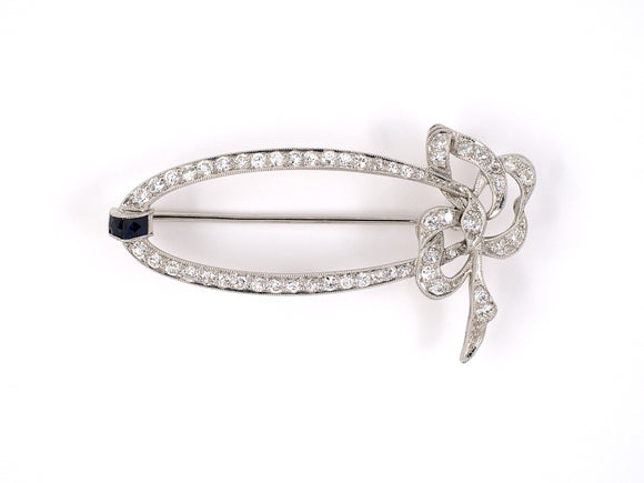 21696 - Art Deco Platinum Diamond Sapphire Bow Pin