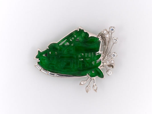 21761 - SOLD - Platinum Diamond Jadeite Chinese Junk Boat Pin