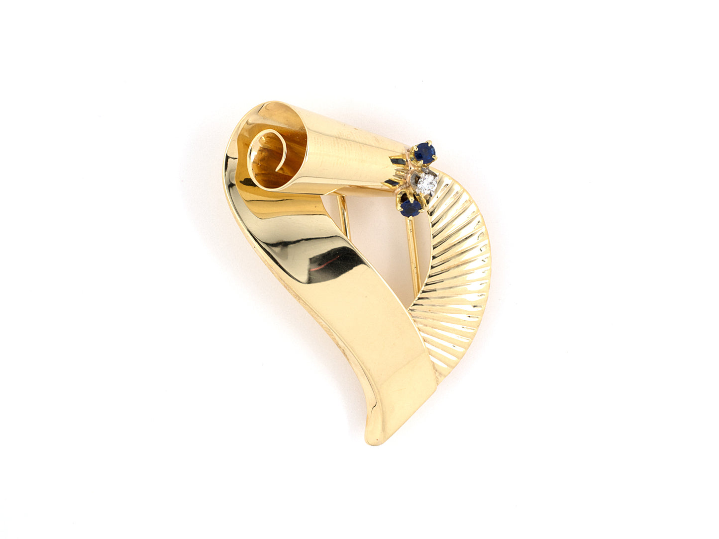 21800 - SOLD - Retro Tiffany Gold Platinum Diamond Sapphire Scroll Ribbon Clip Pin