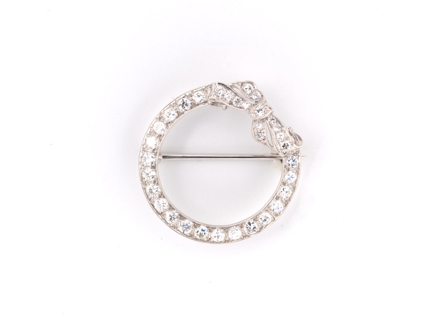 21821 - Art Deco Platinum Diamond Circle Bow Pin