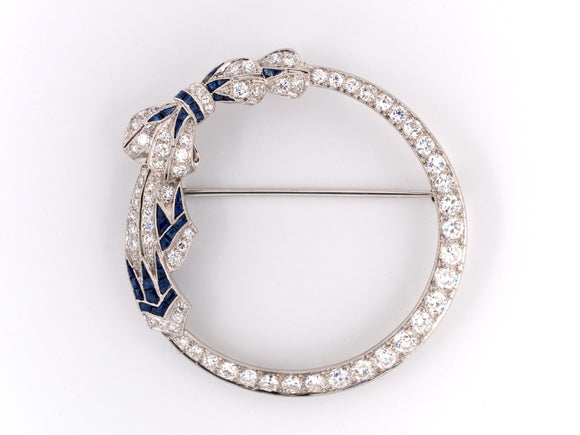 21826 - Art Deco Platinum Diamond Sapphire Circle Bow Pin