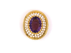 21869 - Circa 1955 Gold Amethyst Pearl Cluster Pin Pendant