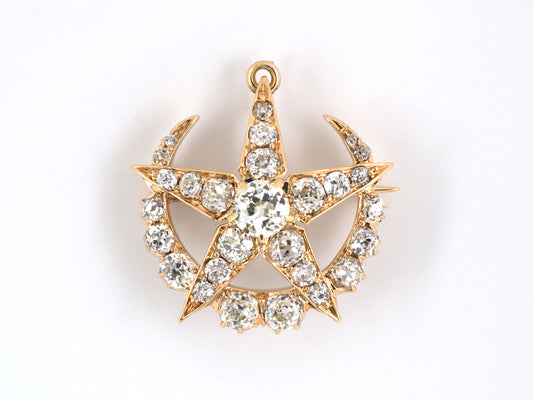 21996 - Victorian Gold Diamond Star Crescent Moon Pin Pendant