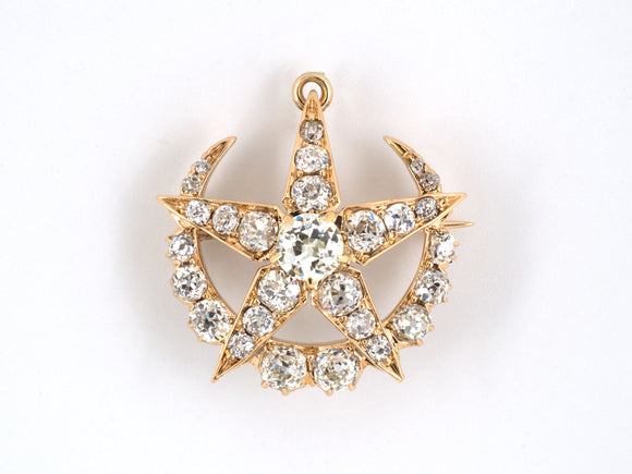 21996 - Victorian Gold Diamond Star Crescent Moon Pin Pendant