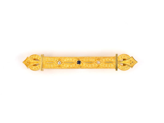 22050 - SOLD - Etruscan Revival Gold Sapphire Diamond Bar Pin