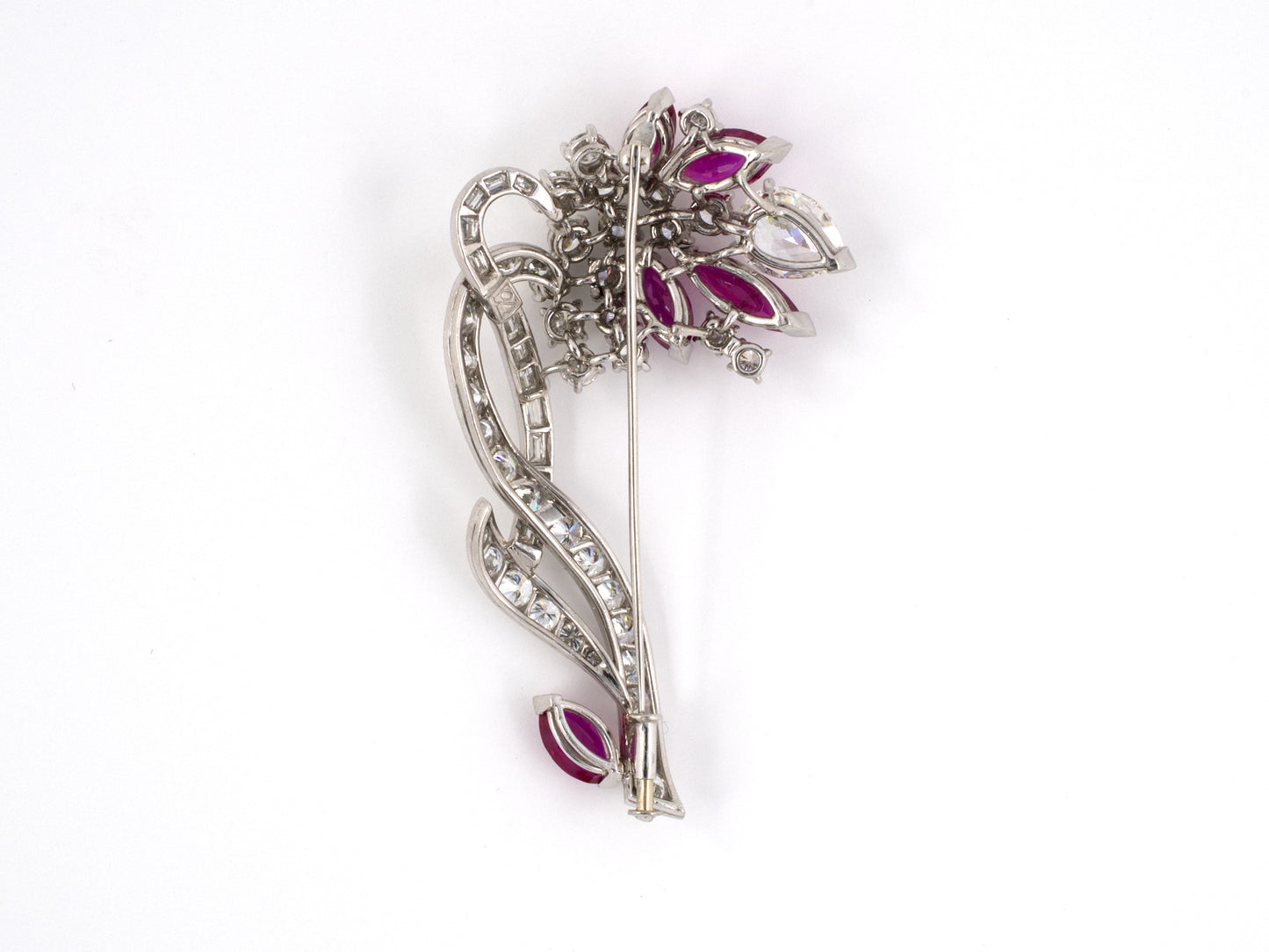 22173 - Circa 1950 Ostier Platinum Diamond AGL Burma Ruby Flower Pin