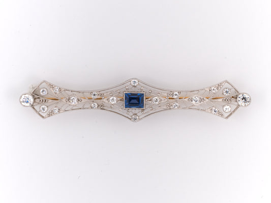 23006 - Edwardian Platinum Montana Sapphire Diamond Filigree Pin
