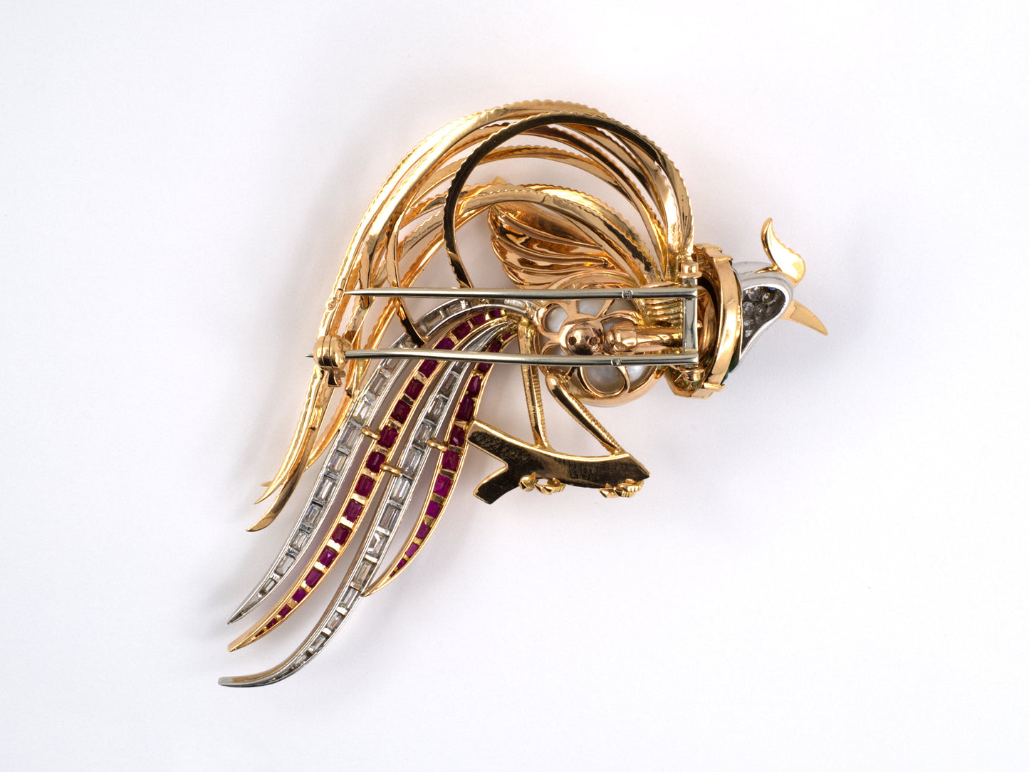 23020 - Circa 1950 Gold Platinum Natural Pearl Diamond Ruby Sapphire Emerald French Peacock Pin