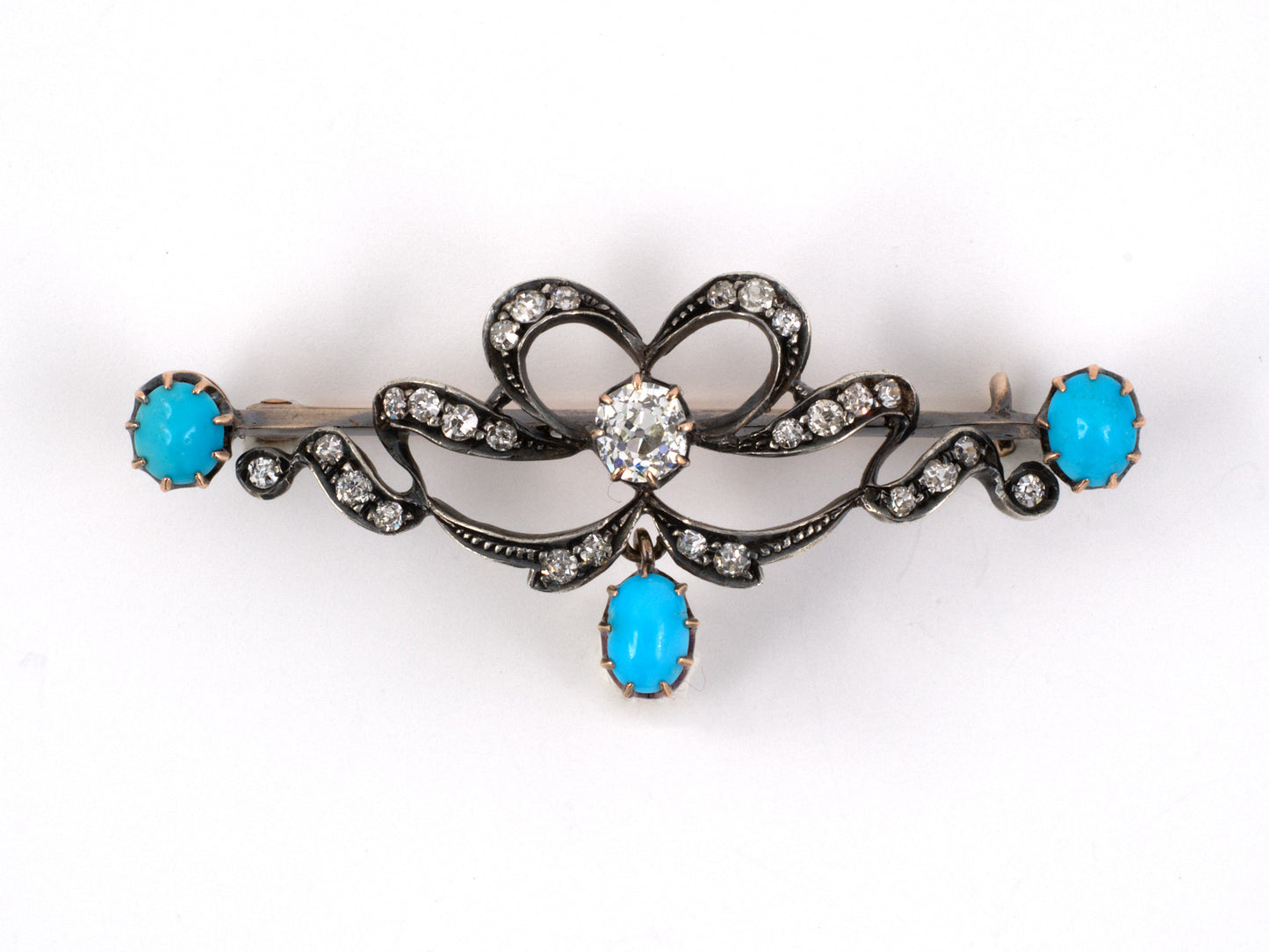 23082 - SOLD - Victorian Silver Gold Diamond Turquoise Dangle Pin