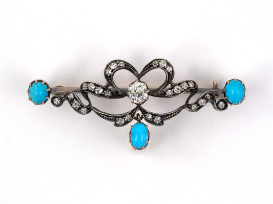 23082 - SOLD - Victorian Silver Gold Diamond Turquoise Dangle Pin