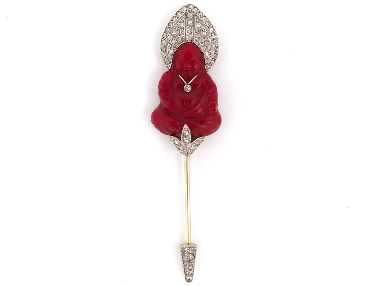 23086 - SOLD - Art Deco Lacloche Freres Platinum Gold Diamond Carved Glass Buddha Jabot Pin
