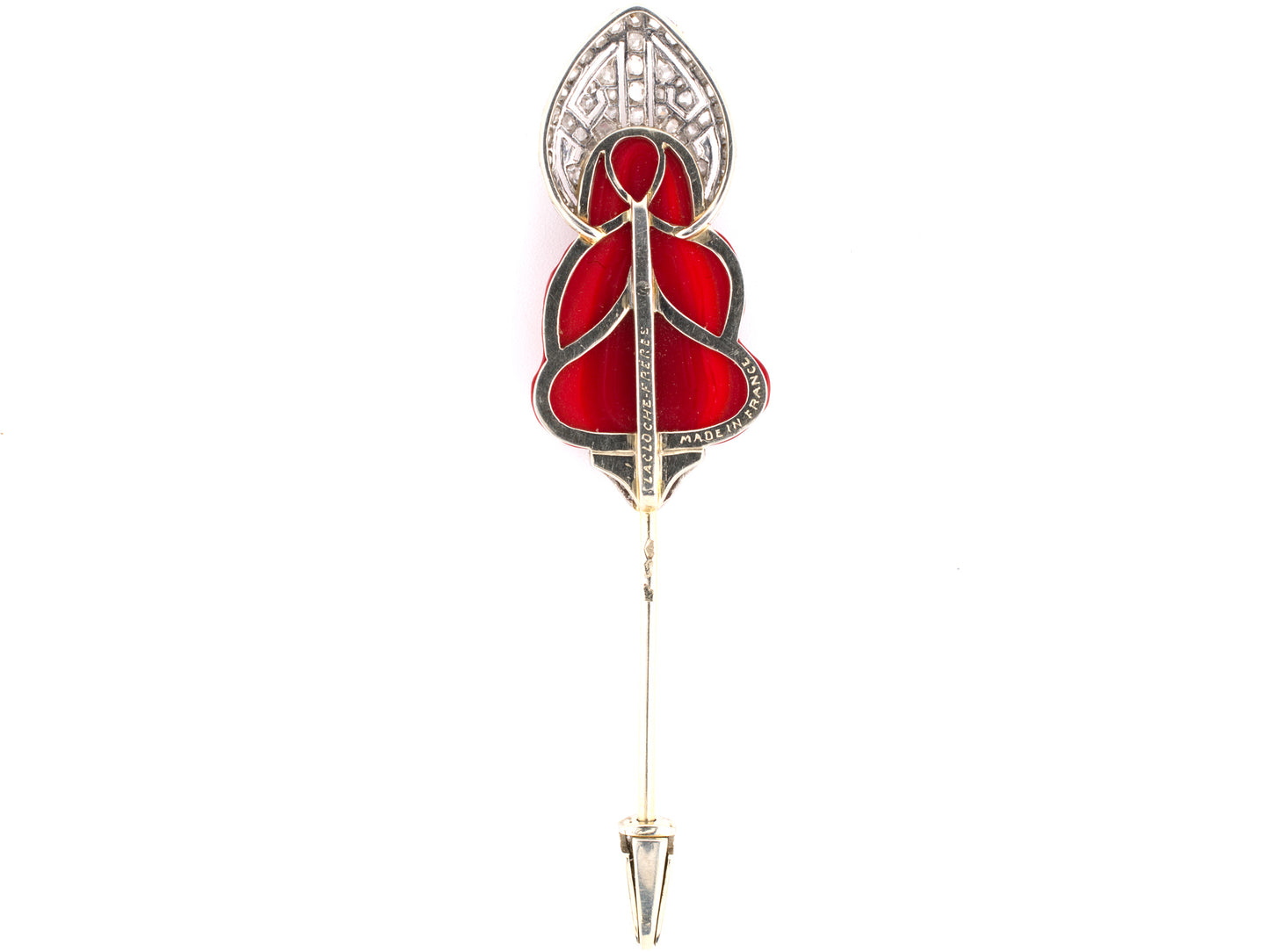 23086 - SOLD - Art Deco Lacloche Freres Platinum Gold Diamond Carved Glass Buddha Jabot Pin