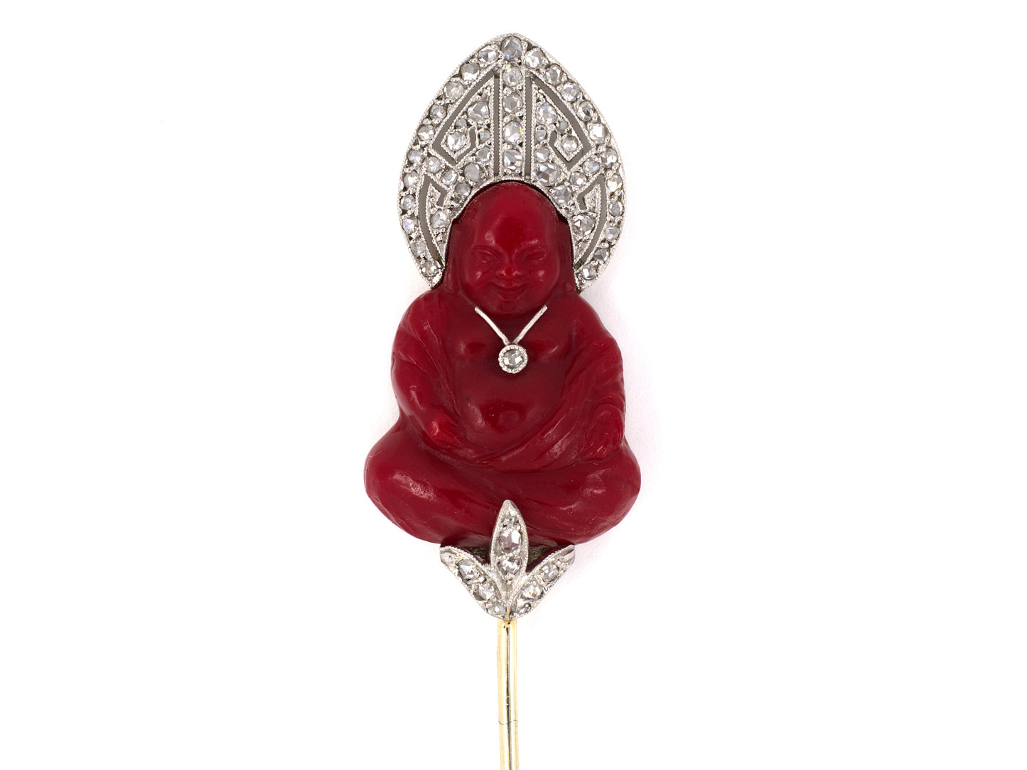 23086 - SOLD - Art Deco Lacloche Freres Platinum Gold Diamond Carved Glass Buddha Jabot Pin