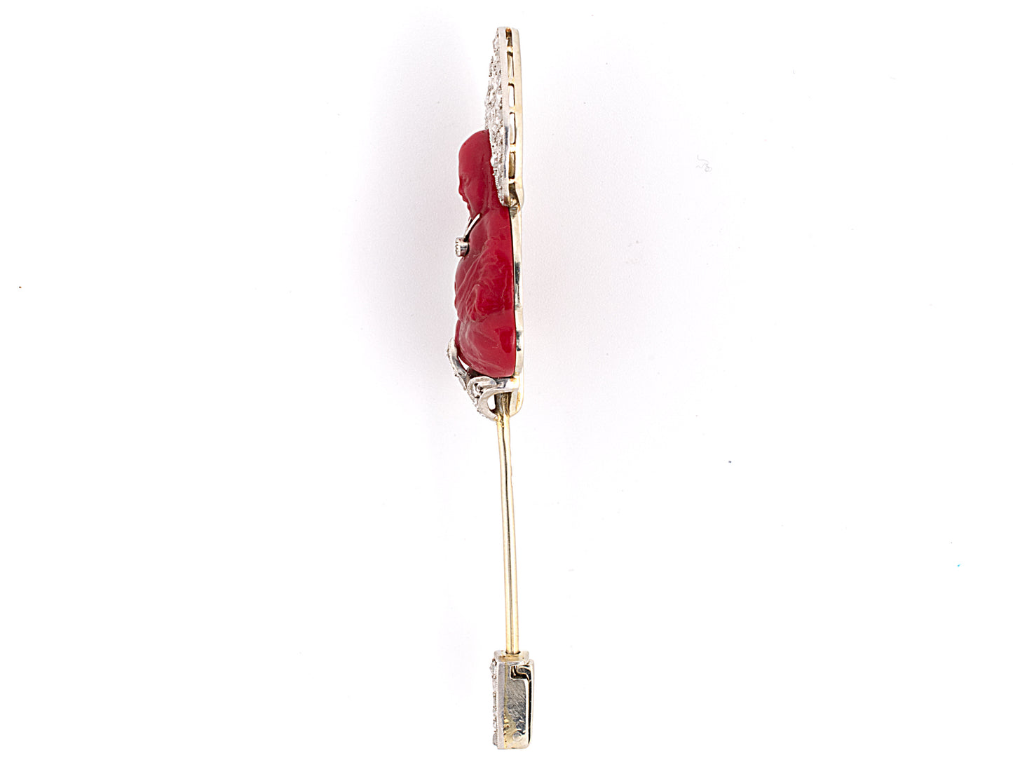 23086 - SOLD - Art Deco Lacloche Freres Platinum Gold Diamond Carved Glass Buddha Jabot Pin