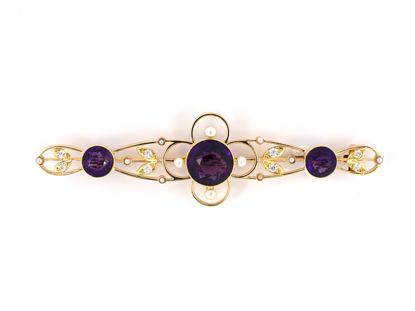 23186 - Victorian Gold Amethyst Pearl Diamond Scroll Flower Bar Pin