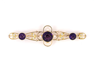 23186 - Victorian Gold Amethyst Pearl Diamond Scroll Flower Bar Pin