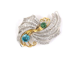 23189 - Retro Platinum Gold Diamond Blue Zircon Tourmaline Spray Pin