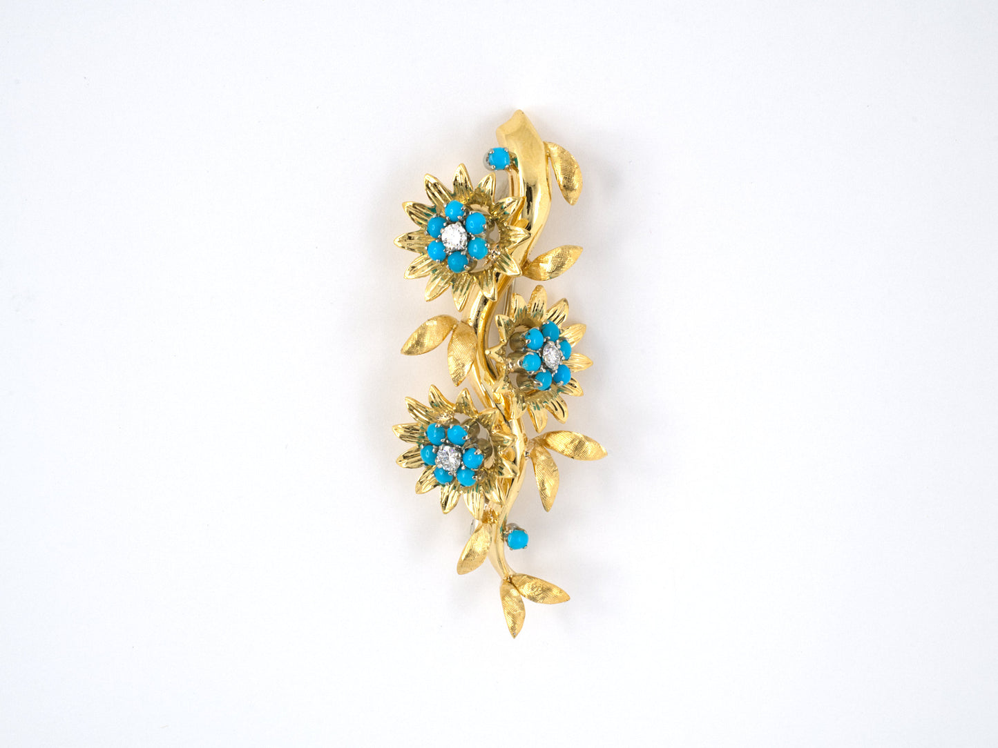 23199 - Circa 1960 Gold Platinum Turquoise Diamond Flower Pin
