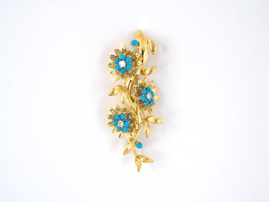 23199 - Circa 1960 Gold Platinum Turquoise Diamond Flower Pin