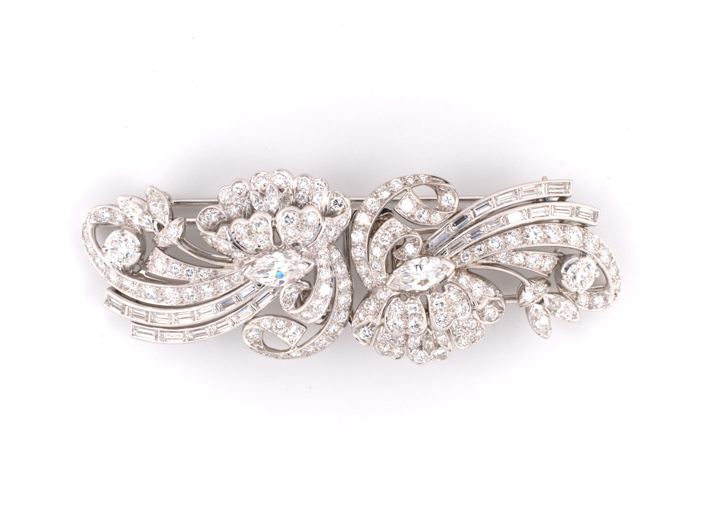 23264 - Circa 1950 Maurice Tishman Platinum Diamond Floral Ribbon Bow Spray Pin Clips