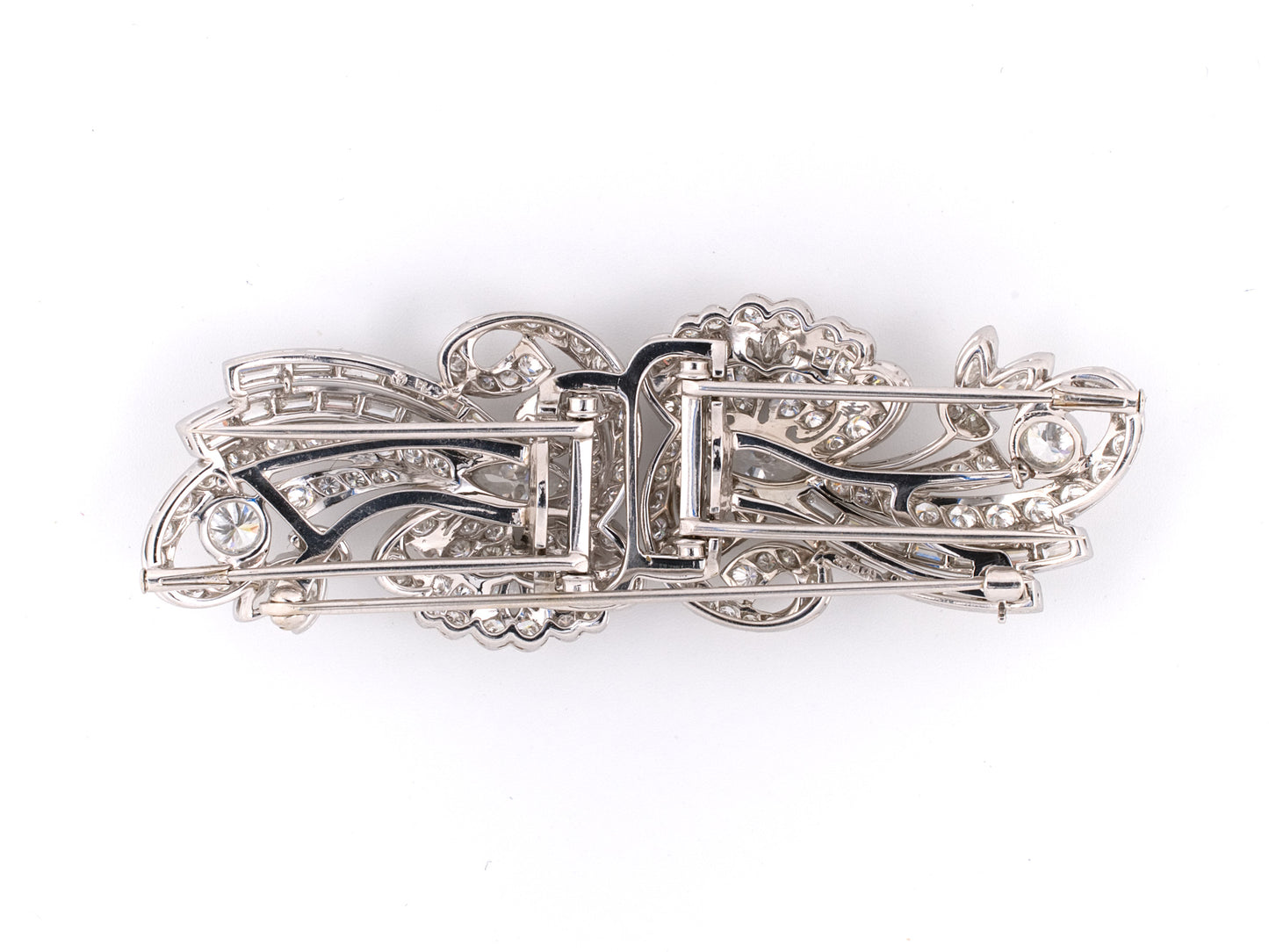 23264 - Circa 1950 Maurice Tishman Platinum Diamond Floral Ribbon Bow Spray Pin Clips