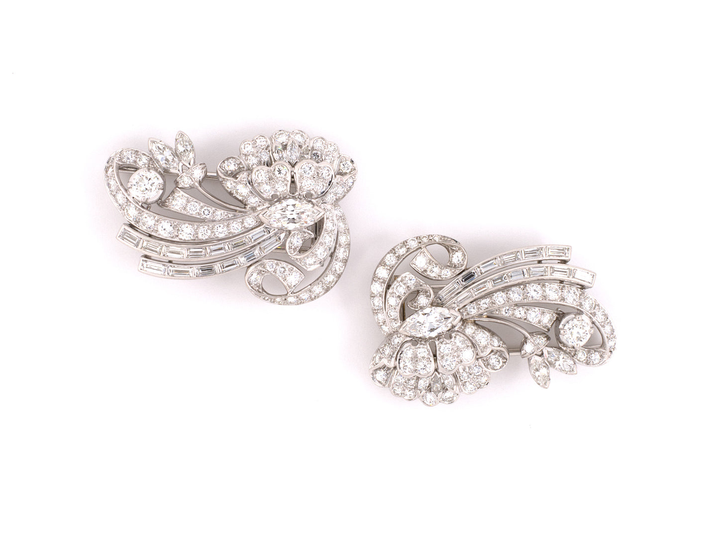 23264 - Circa 1950 Maurice Tishman Platinum Diamond Floral Ribbon Bow Spray Pin Clips