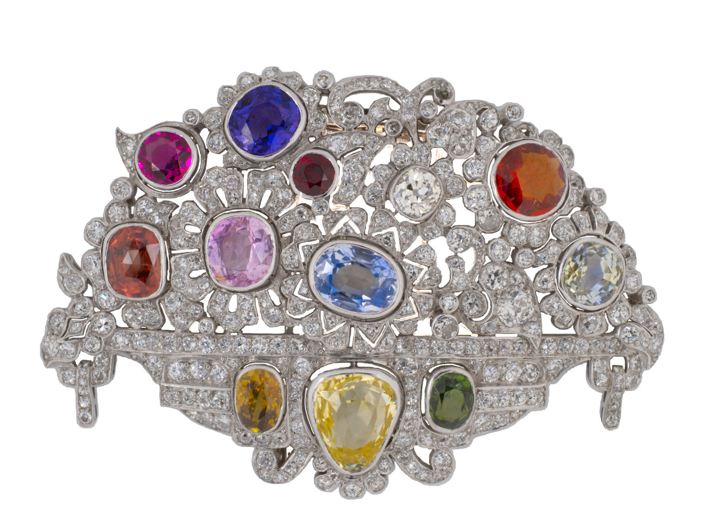 23273 - Art Deco Platinum Tutti Frutti AGL Sapphire Diamond Floral Basket Pin