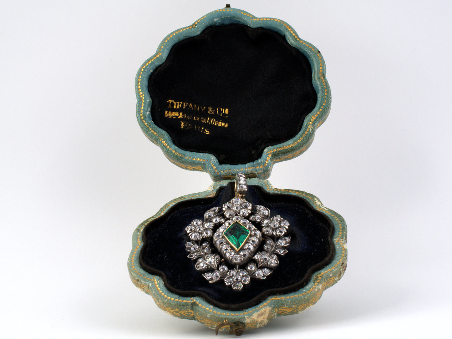 23288 - Victorian Circa 1885 Tiffany Silver Gold AGL Colombian Emerald Diamond French Wreath Pin Pendant