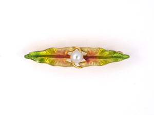 23301 - SOLD - Victorian Art Nouveau Krementz Gold Enamel Leaf Pearl Bar Pin