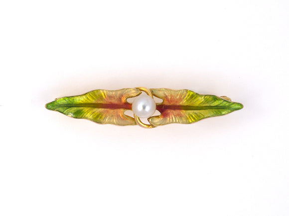 23301 - SOLD - Victorian Art Nouveau Krementz Gold Enamel Leaf Pearl Bar Pin