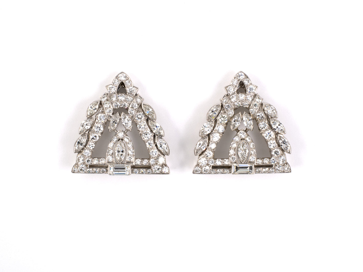 23320 - Platinum Diamond Open Work Art Deco Pin Clips With 18k Wg Frame 18 Marquise Dias Est 1.70 Cts, 126 Dias Est