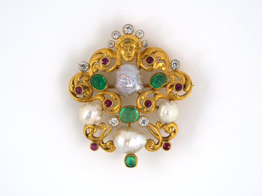 23329 - Art Nouveau Circa 1901 Tiffany Paulding Farnham Gold Diamond Pearl Emerald Ruby Pin
