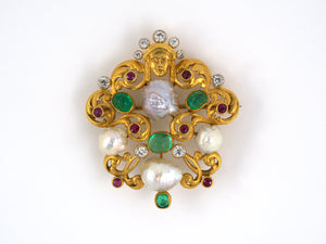 23329 - Art Nouveau Circa 1901 Tiffany Paulding Farnham Gold Diamond Pearl Emerald Ruby Pin