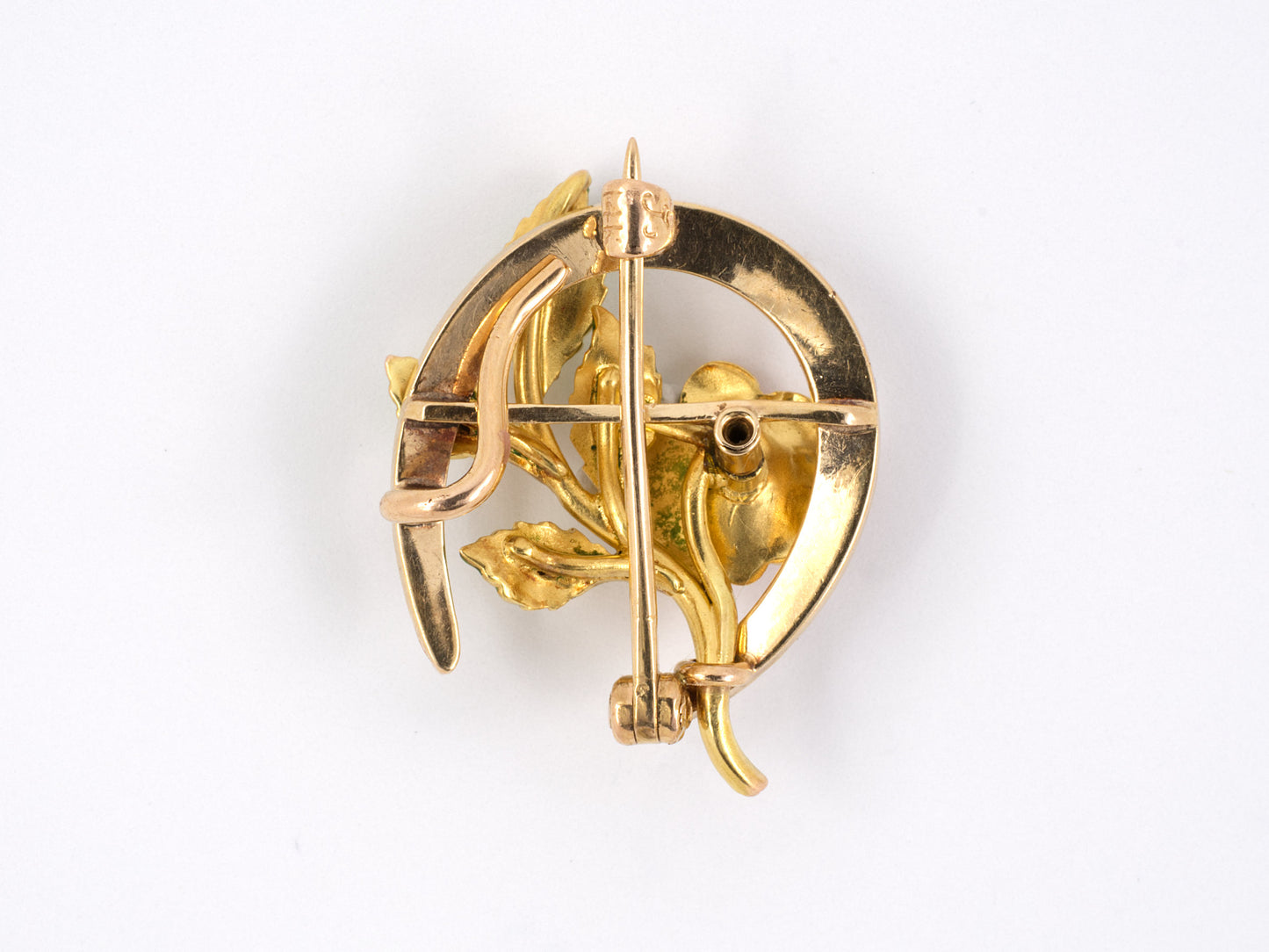 23360 - SOLD - Art Nouveau Gold Enamel Horseshoe Flower Krementz Pin