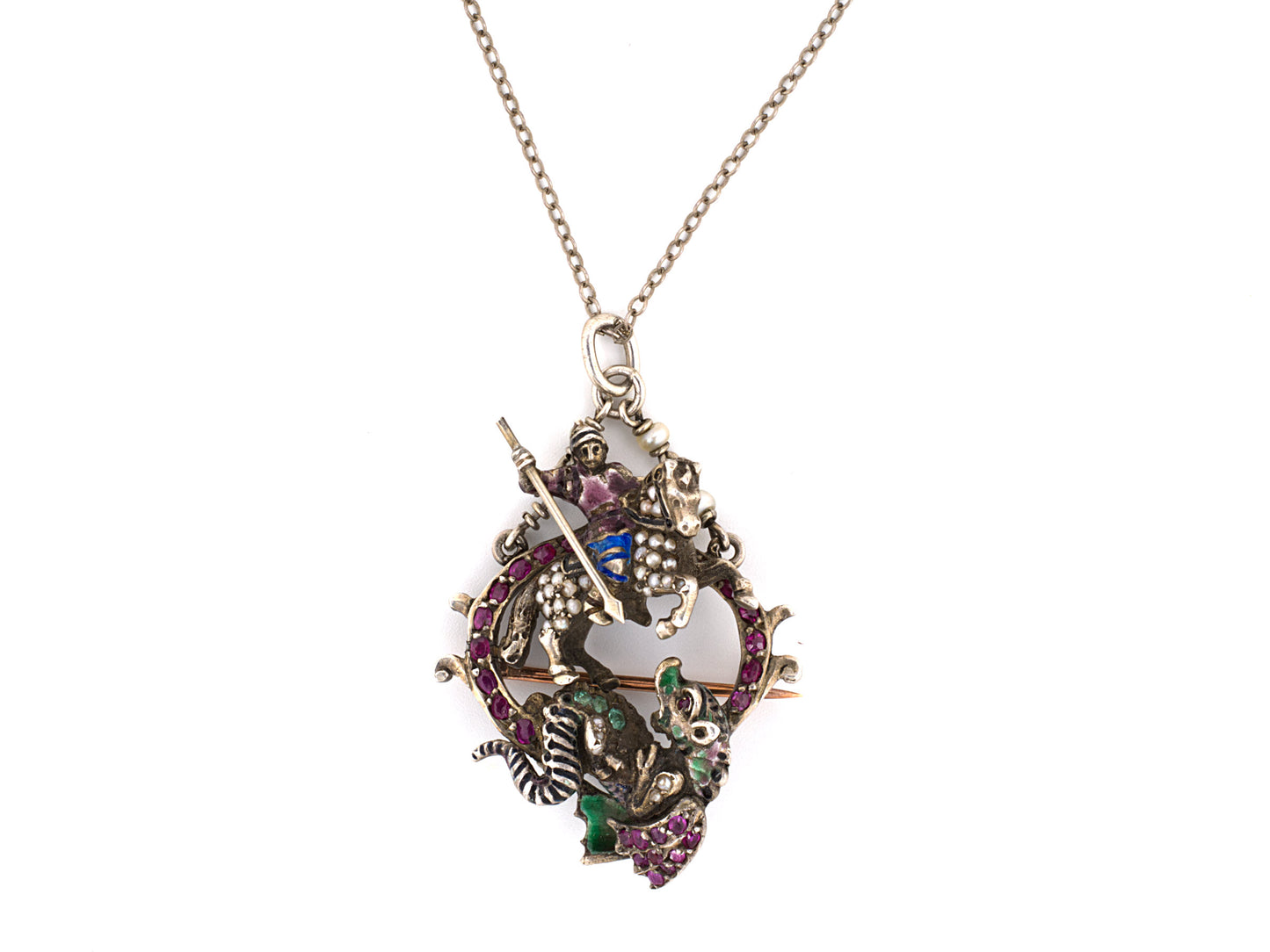 23401 - SOLD - Georgian Silver Ruby Pearl Emerald Enamel Dragon Pin