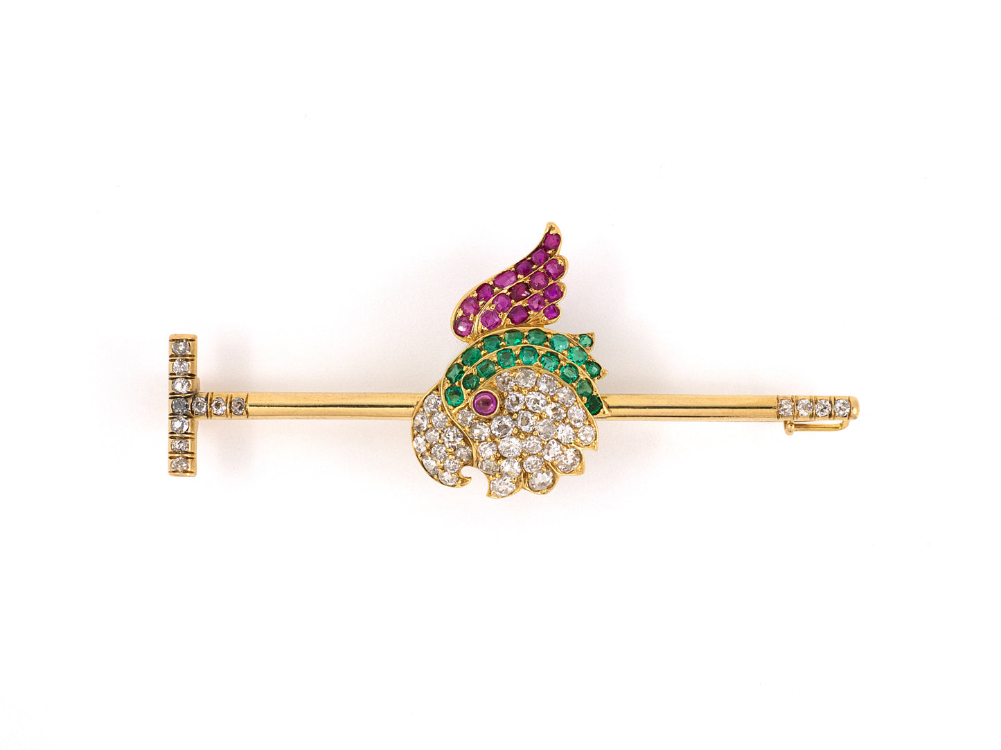 23408 - Victorian Gold Diamond Emerald Ruby Parrot Head Polo Stick Pin