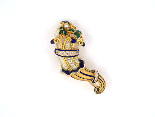 23417 - SOLD - Victorian Gold Diamond Baroque Pearl Enamel Horn Of Plenty Flower Pin