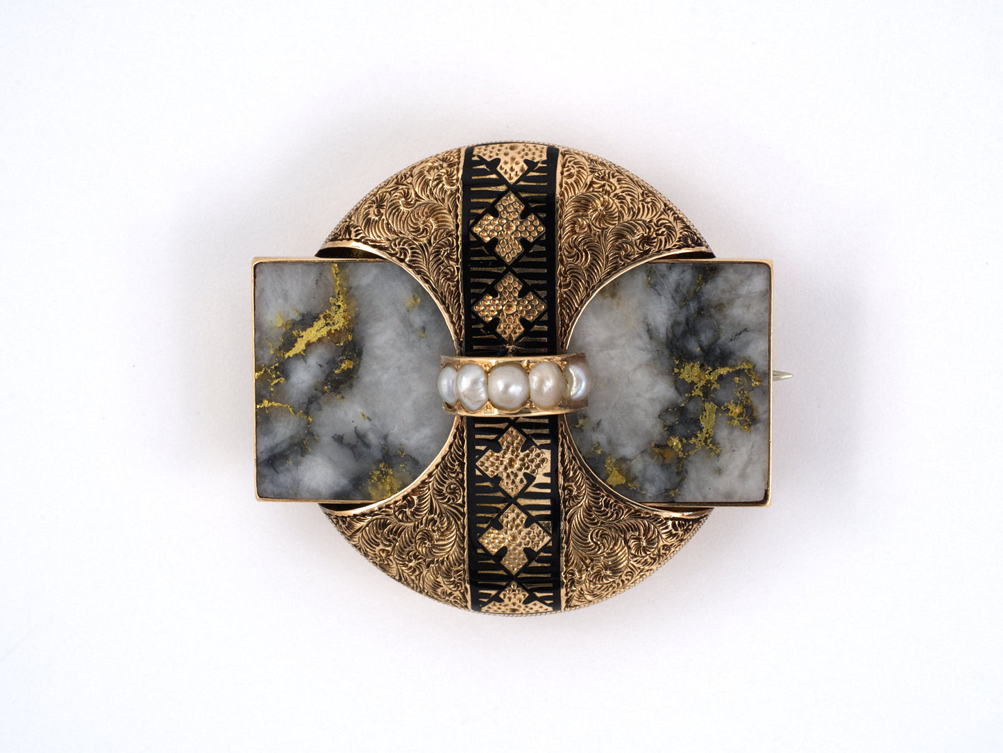 23422 - SOLD - Victorian Gold Chalcedony Agate Pearl Enamel Pin