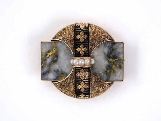 23422 - SOLD - Victorian Gold Chalcedony Agate Pearl Enamel Pin