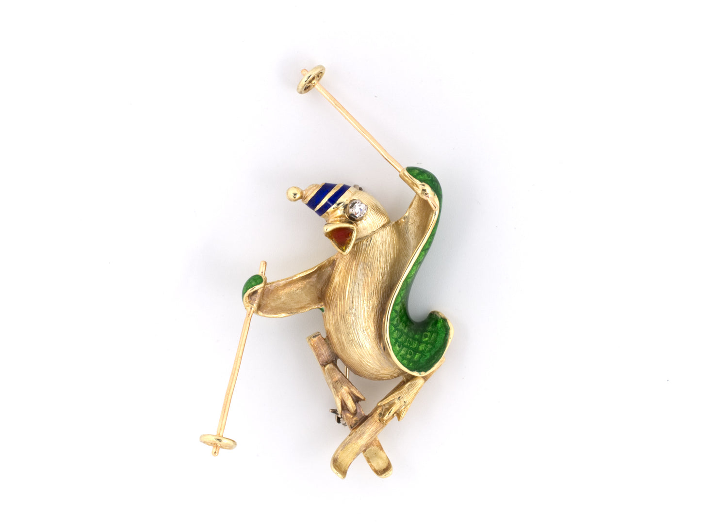 23450 - SOLD - Circa 1970s Martine Gold Diamond Enamel Penguin Skier Pin