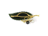 23499 - SOLD - Gold Nephrite Jade Diamond Pearl Leaf Pin