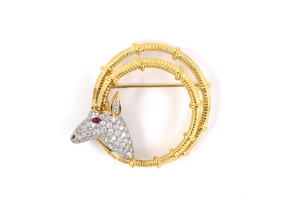 23507 - SOLD - Schlumberger Tiffany Platinum Gold Diamond Ruby Ibex Pin