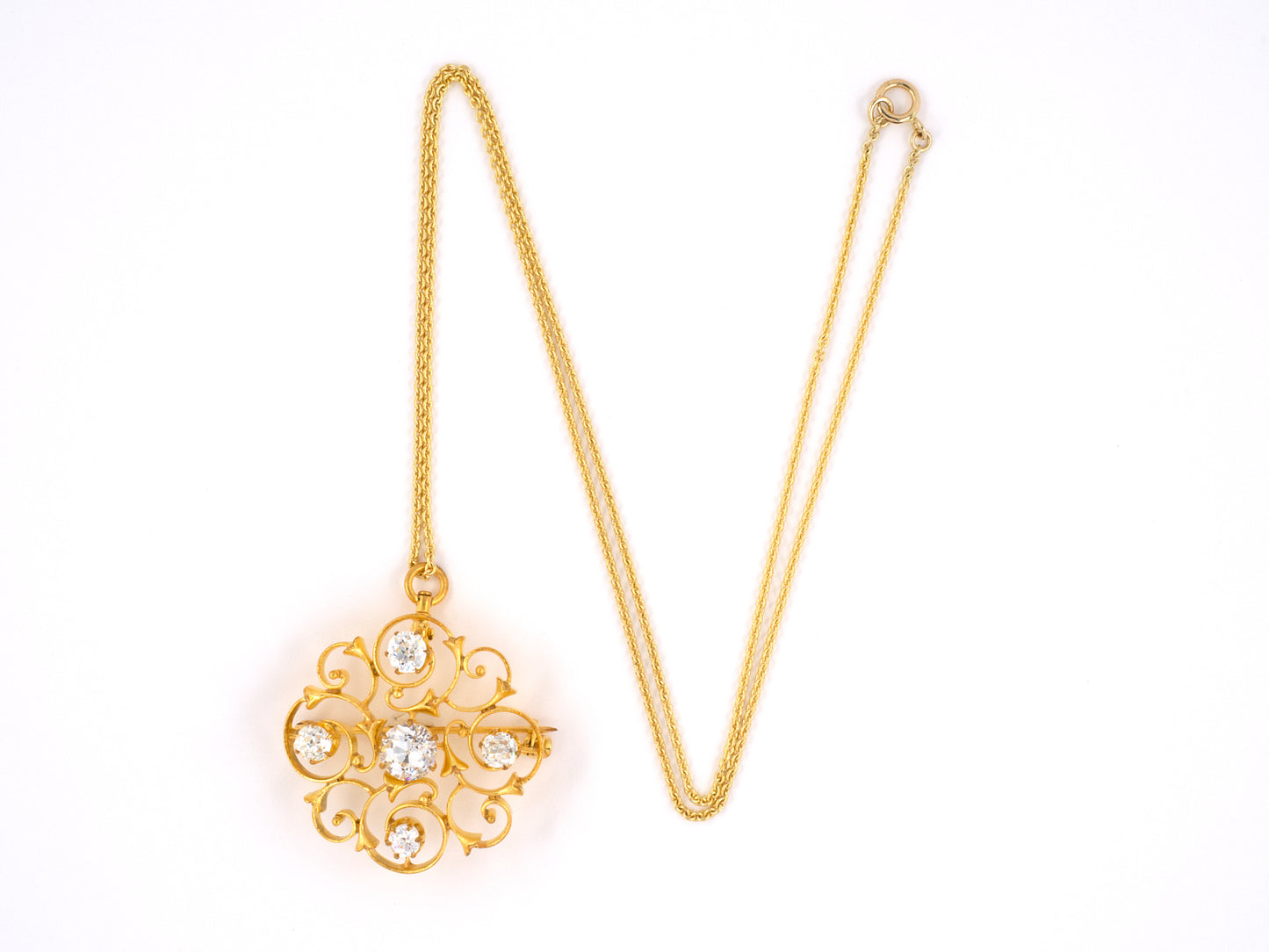 23554 - Victorian Gold Diamond Scroll Pin Pendant Necklace