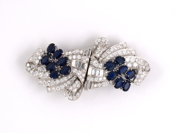 23614 - Art Deco Platinum Diamond Sapphire Ribbon Pin Clips