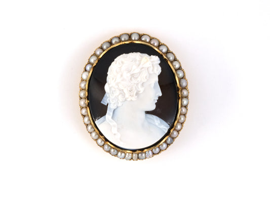 23638 - SOLD - Victorian Agate Stone Cameo Pearl Pin Pendant