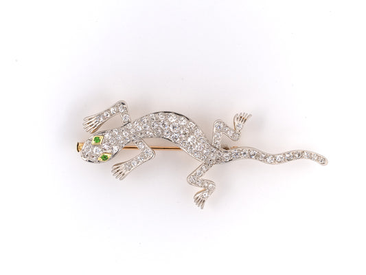 23658 - SOLD - Edwardian Gold Platinum Diamond Demantoid Lizard Pin
