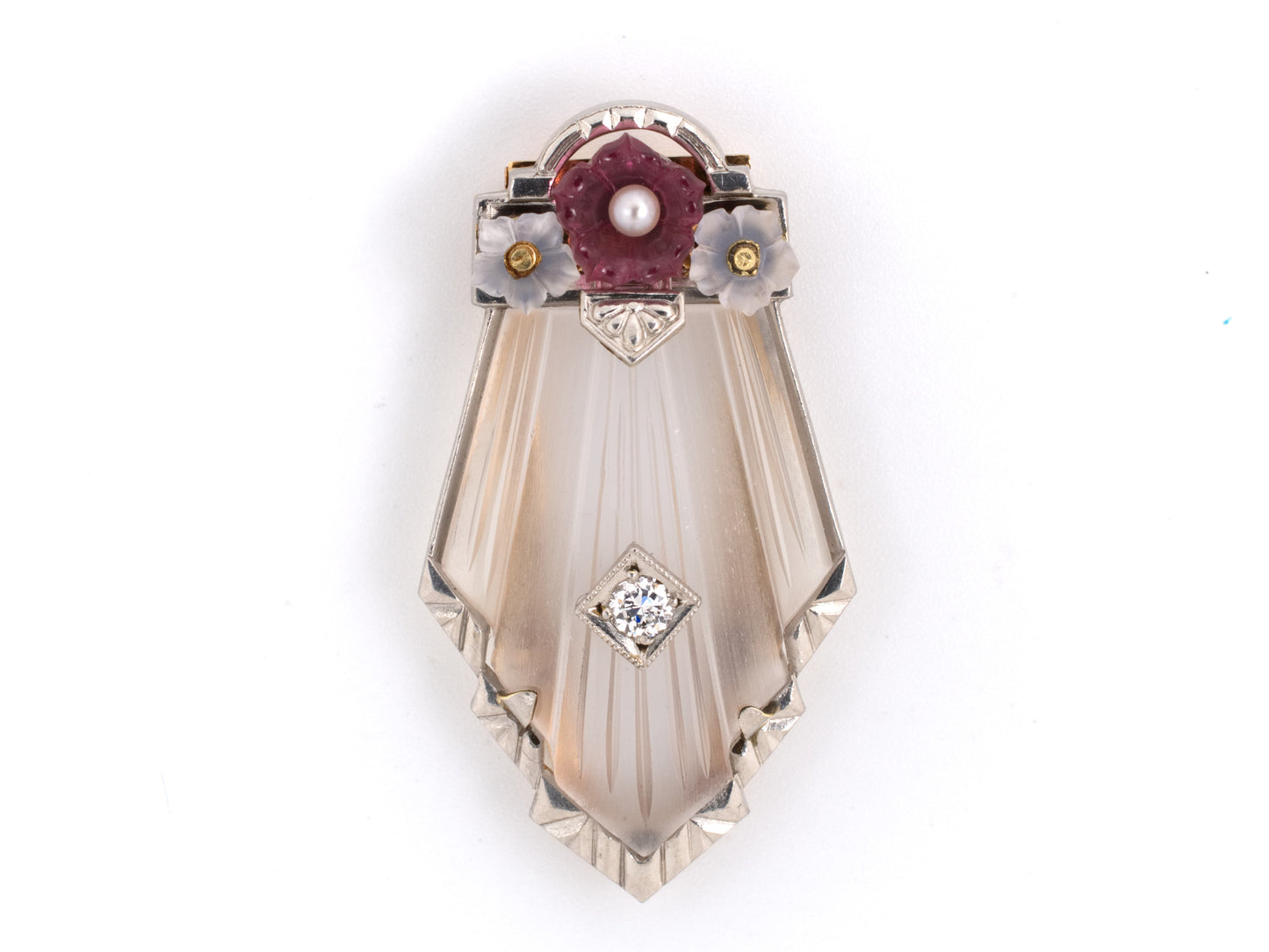 23773 - Edwardian Krementz Platinum Gold Crystal Diamond Ruby Pearl Moonstone Flower Pin