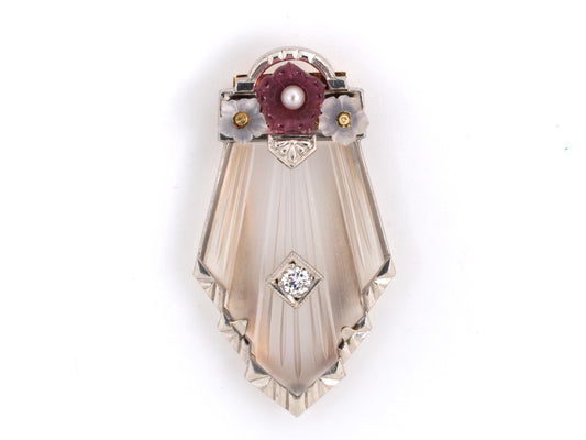 23773 - Edwardian Krementz Platinum Gold Crystal Diamond Ruby Pearl Moonstone Flower Pin